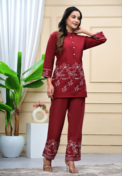 Trendy Maroon Embroidered Cotton Blend Co-ord Set for Women
