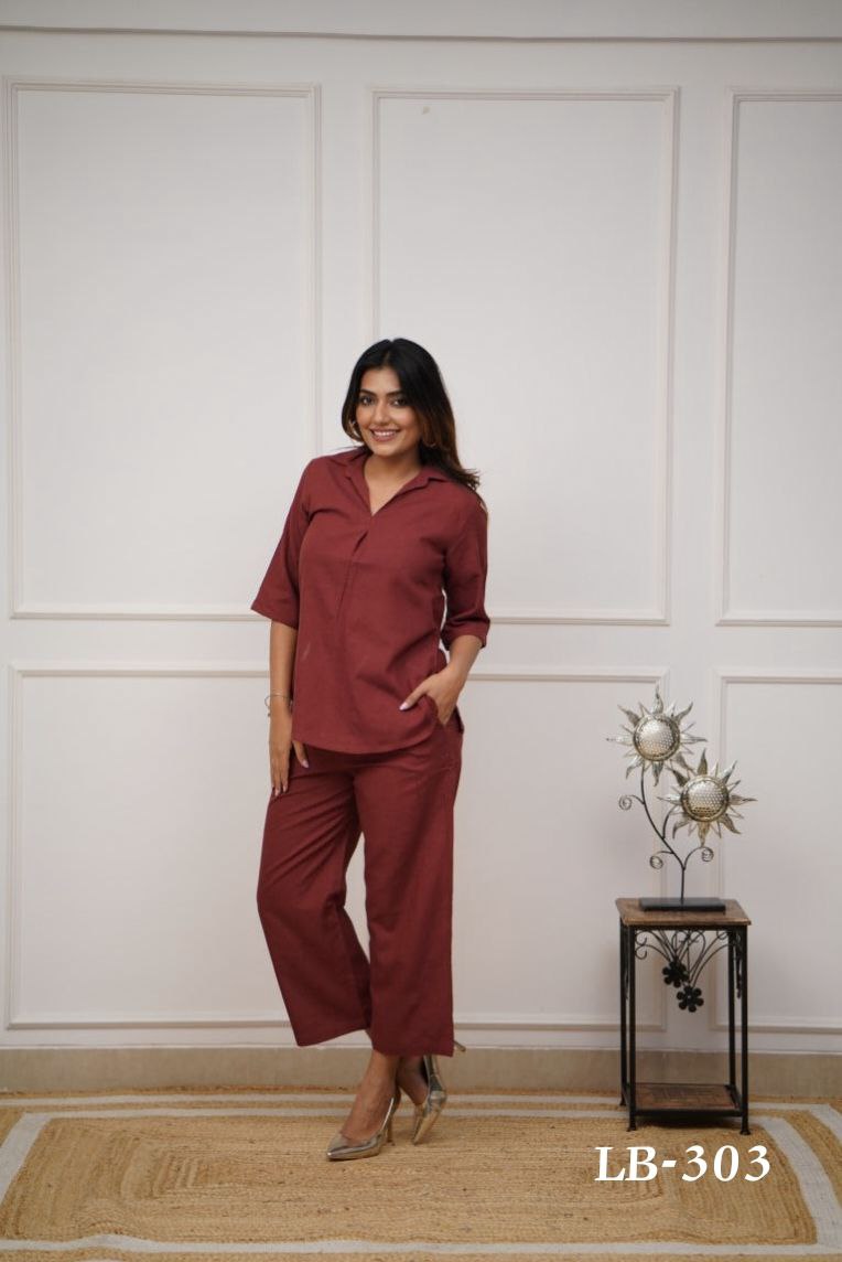 Women’s Maroon Solid Pure Rayon Co-ord Set