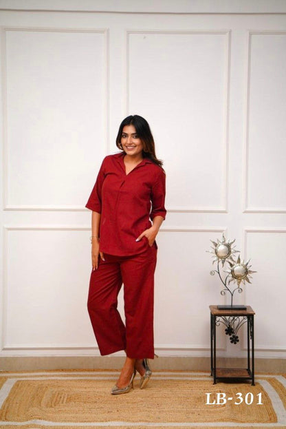 Women’s Red Solid Pure Rayon Co-ord Set