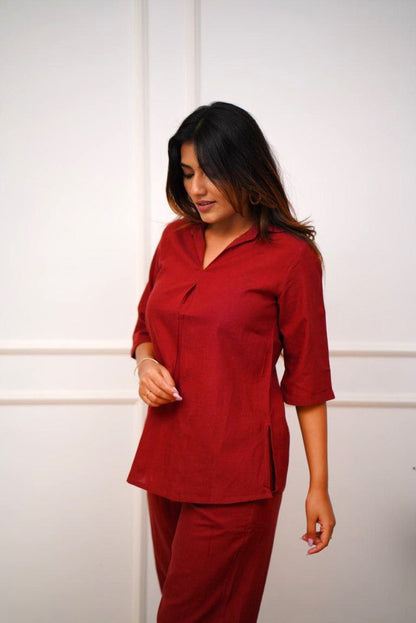 Women’s Red Solid Pure Rayon Co-ord Set