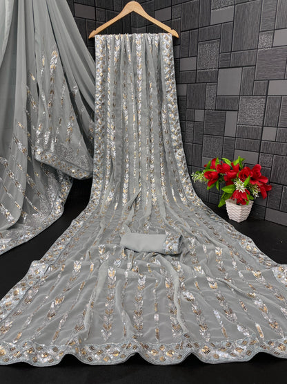 Classic and elegant grey georgette saree with sequence work & lace with unstitched blouse