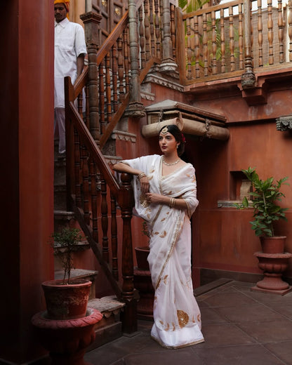 Elegant White Rangoli Silk Blend Saree with Embellished Border & Unstitched Blouse