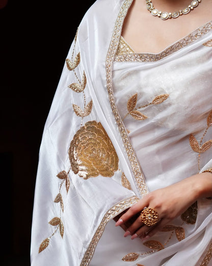 Elegant White Rangoli Silk Blend Saree with Embellished Border & Unstitched Blouse