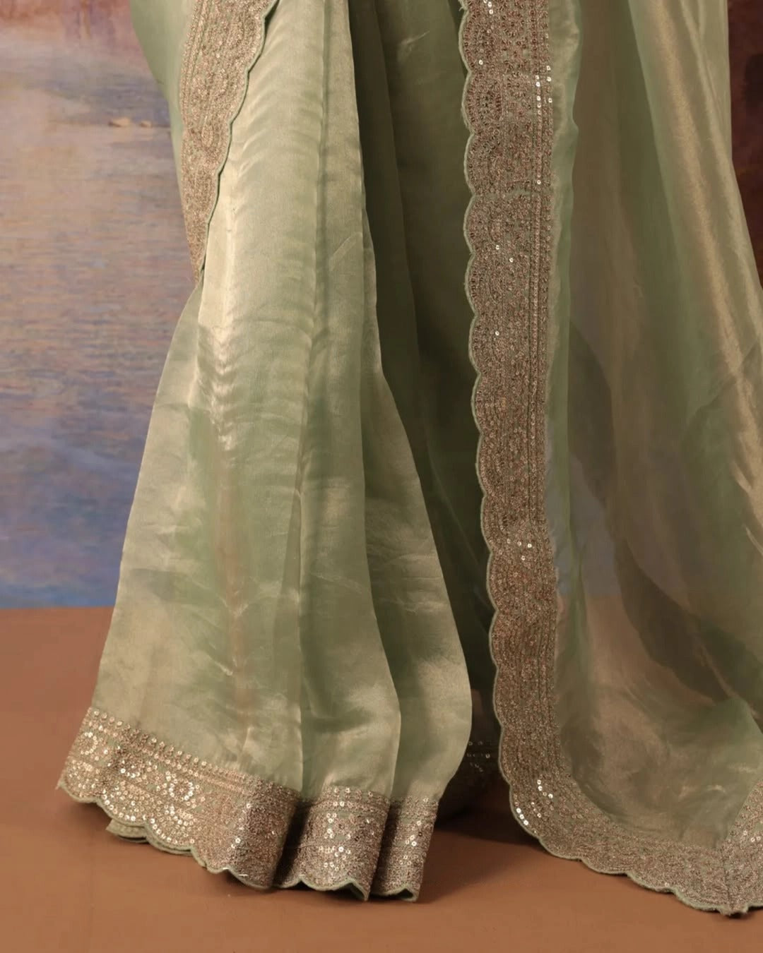 Elegant Pastel Green Silk Blend Saree with Embellished Border & Unstitched Blouse