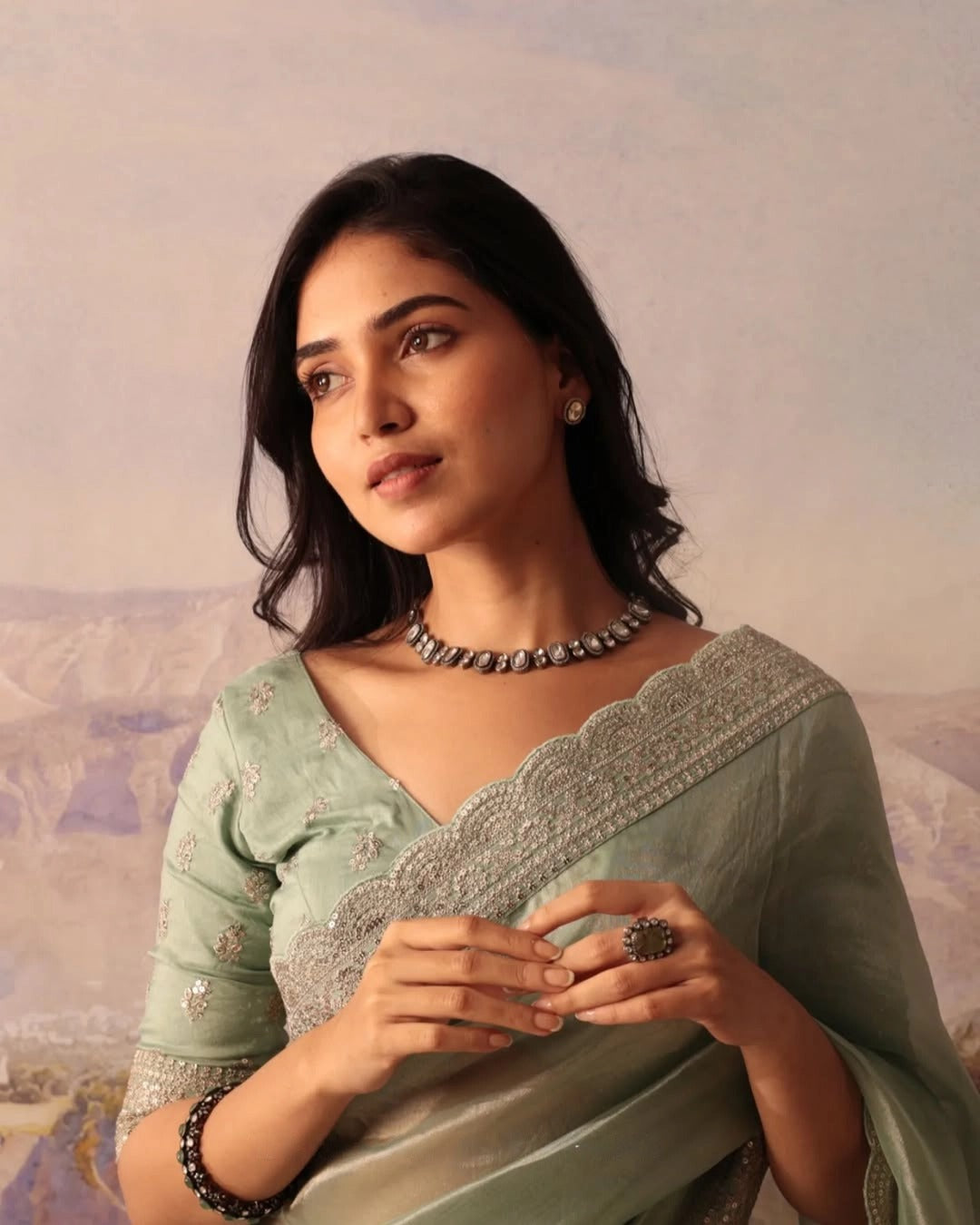 Elegant Pastel Green Silk Blend Saree with Embellished Border & Unstitched Blouse