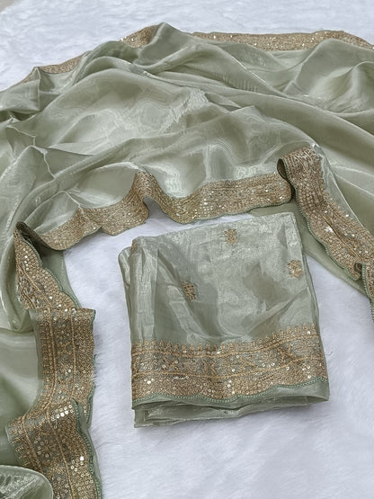 Elegant Pastel Green Silk Blend Saree with Embellished Border & Unstitched Blouse