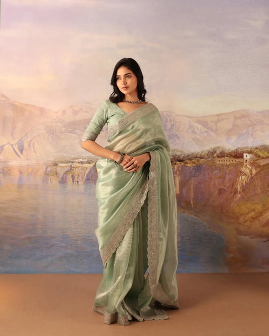 Elegant Pastel Green Silk Blend Saree with Embellished Border & Unstitched Blouse