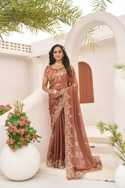 Elegant Brown Fandy siffon fabric with embroidery sinqunce cut work lace saree with unstitched blouse