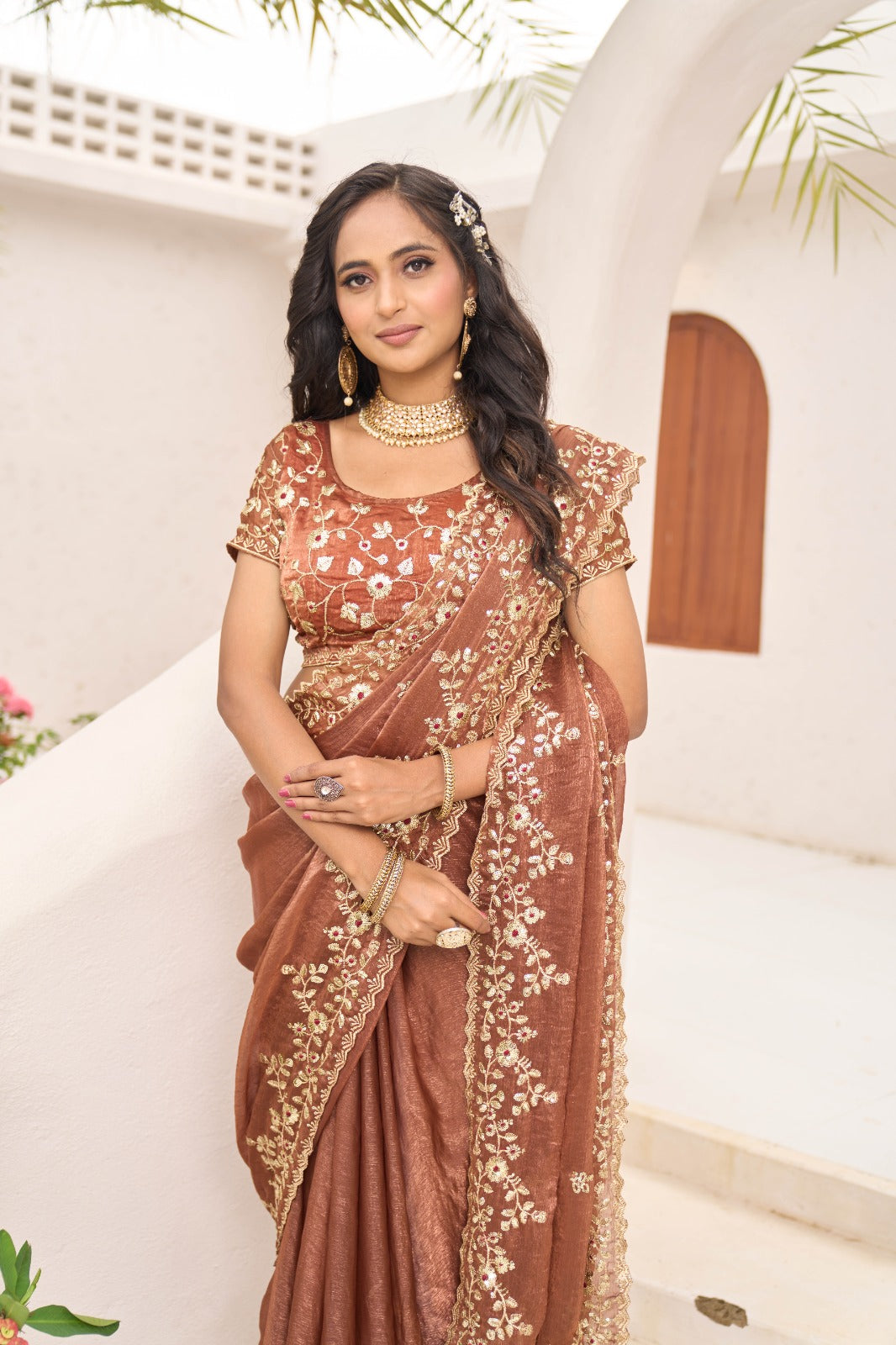 Elegant Brown Fandy siffon fabric with embroidery sinqunce cut work lace saree with unstitched blouse