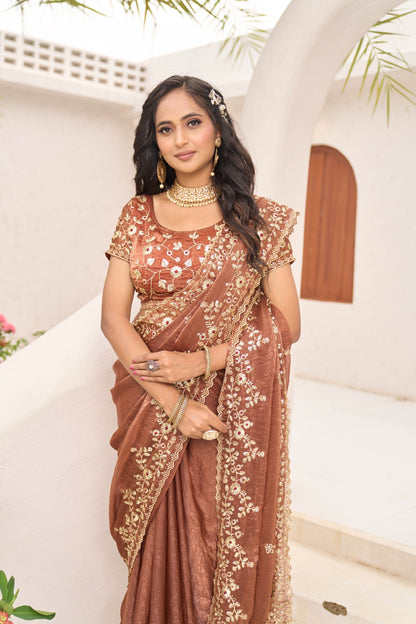 Elegant Brown Fandy siffon fabric with embroidery sinqunce cut work lace saree with unstitched blouse