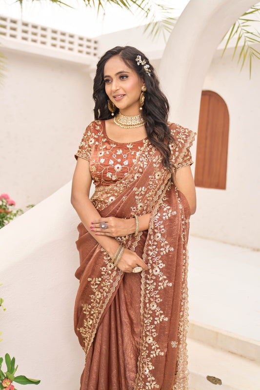 Elegant Brown Fandy siffon fabric with embroidery sinqunce cut work lace saree with unstitched blouse