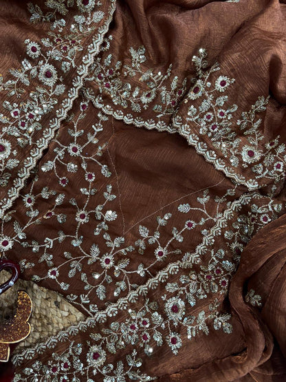 Elegant Brown Fandy siffon fabric with embroidery sinqunce cut work lace saree with unstitched blouse