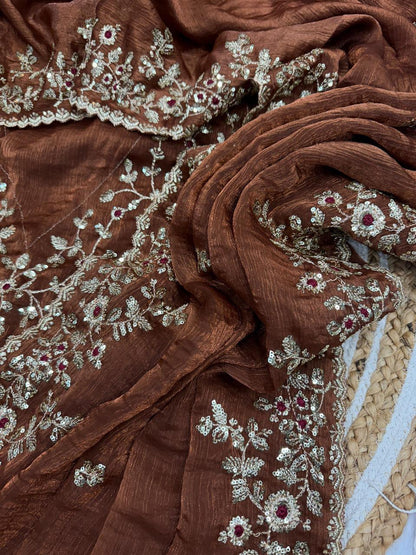 Elegant Brown Fandy siffon fabric with embroidery sinqunce cut work lace saree with unstitched blouse