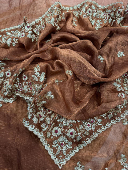 Elegant Brown Fandy siffon fabric with embroidery sinqunce cut work lace saree with unstitched blouse