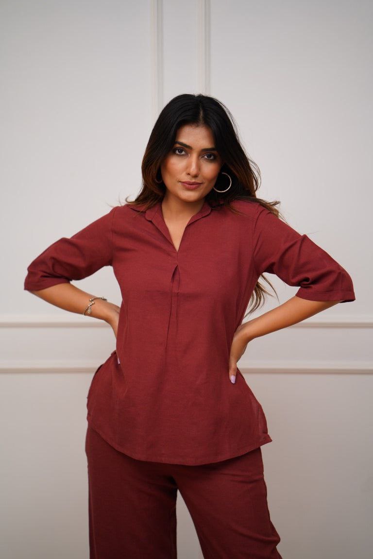 Women’s Maroon Solid Pure Rayon Co-ord Set