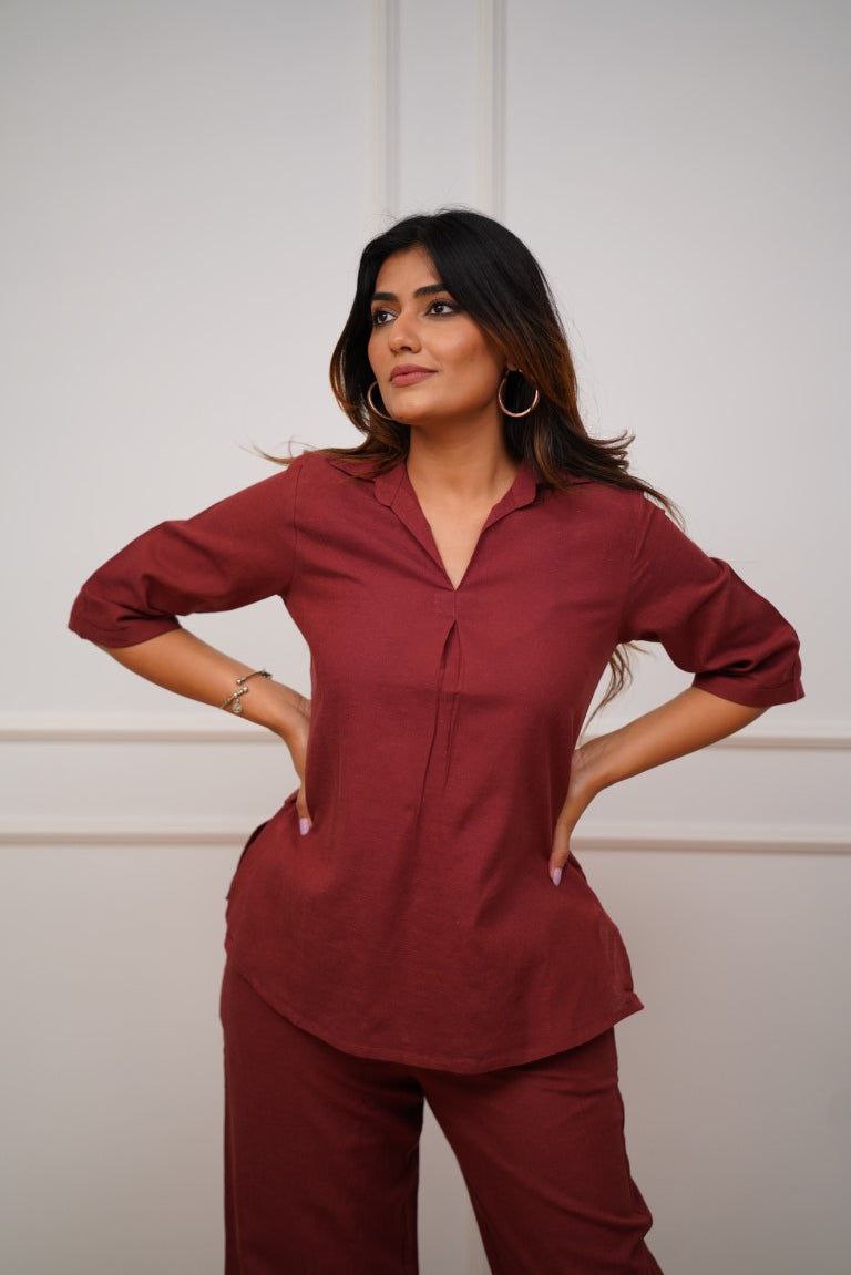 Women’s Maroon Solid Pure Rayon Co-ord Set