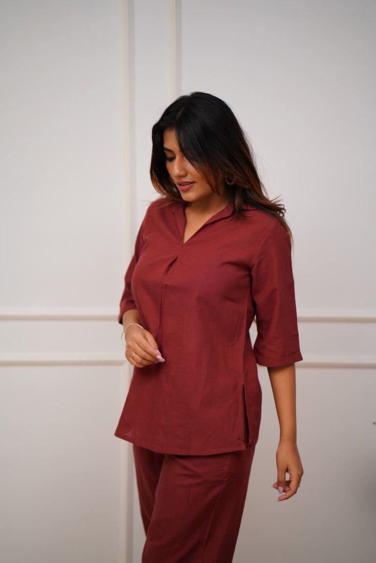 Women’s Maroon Solid Pure Rayon Co-ord Set
