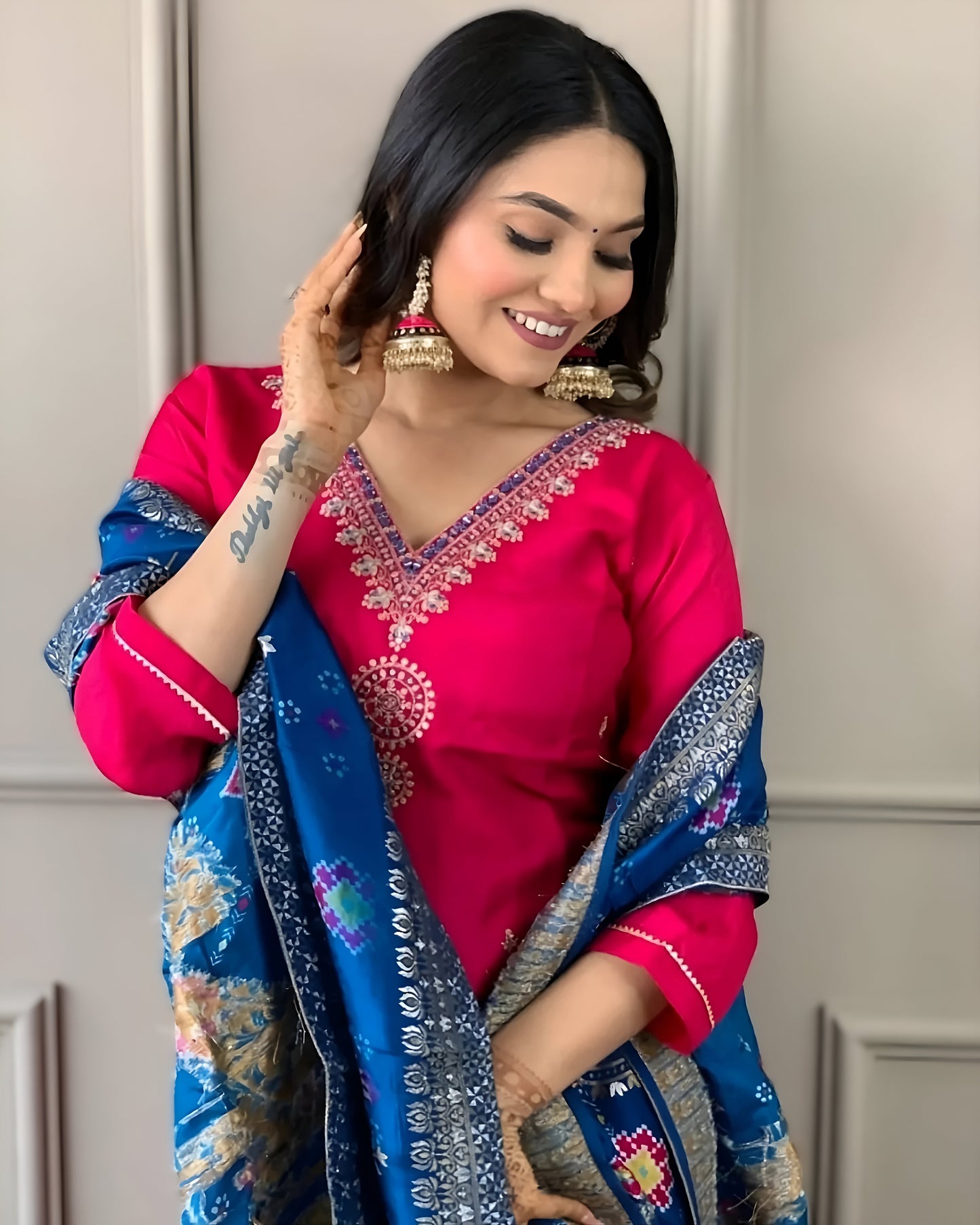 Rani Royal Blue Grace Embroidered Kurta, Churidar & Dupatta Set