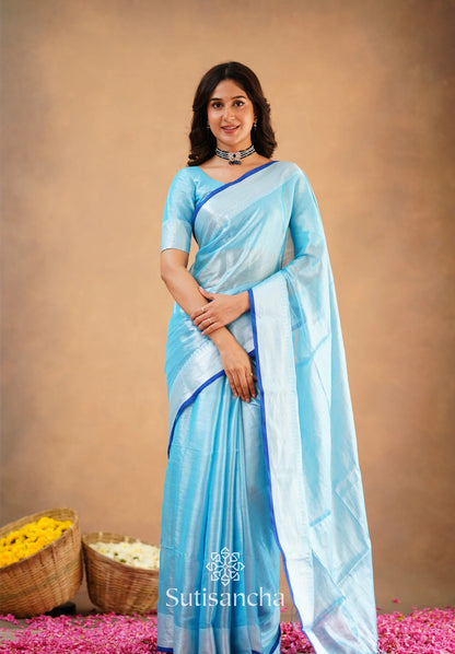 Aqua Blue Handloom Cotton Tissue Saree