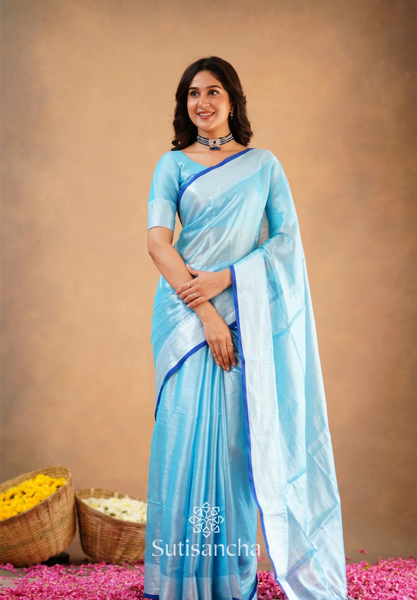 Aqua Blue Handloom Cotton Tissue Saree