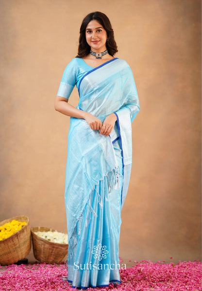 Aqua Blue Handloom Cotton Tissue Saree