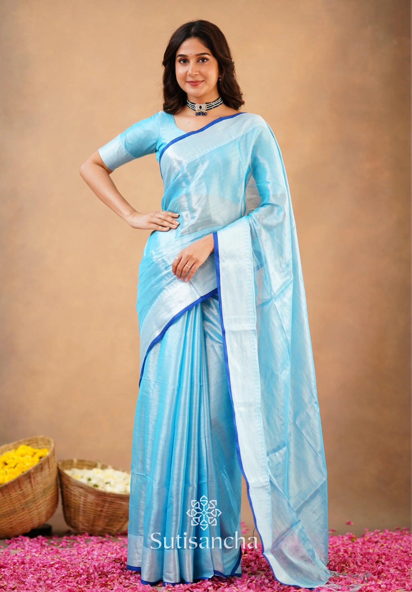 Aqua Blue Handloom Cotton Tissue Saree