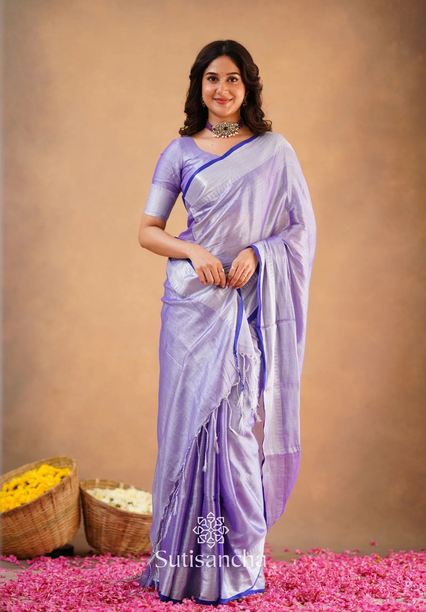 Lavender Handloom Cotton Tissue Saree