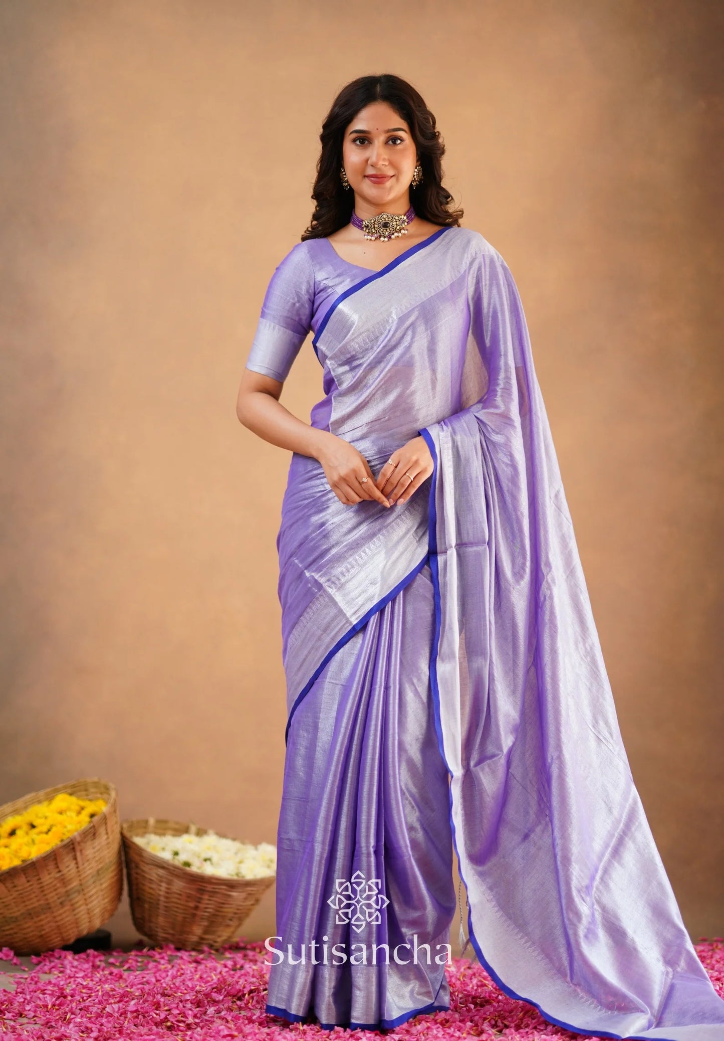 Lavender Handloom Cotton Tissue Saree