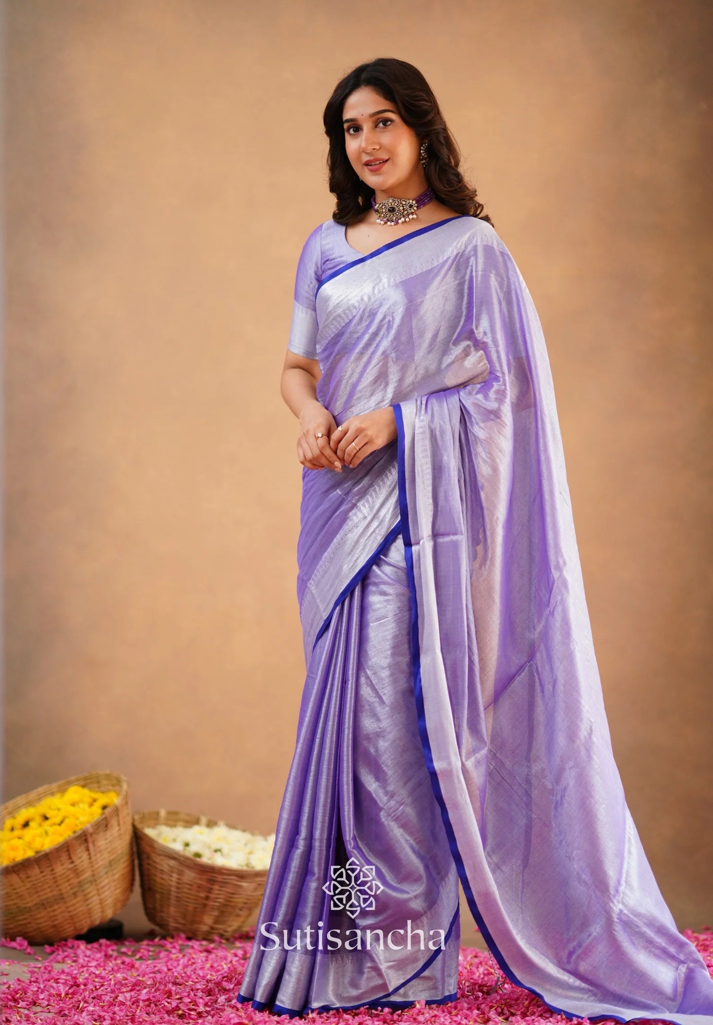 Lavender Handloom Cotton Tissue Saree