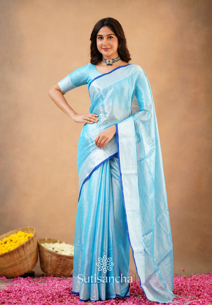 Aqua Blue Handloom Cotton Tissue Saree
