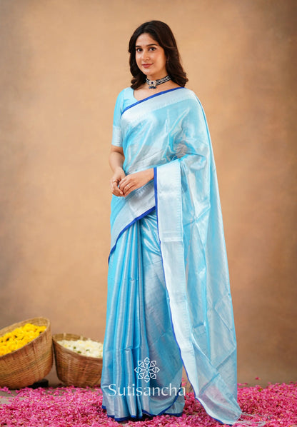 Aqua Blue Handloom Cotton Tissue Saree