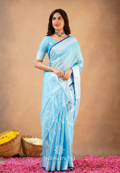 Aqua Blue Handloom Cotton Tissue Saree