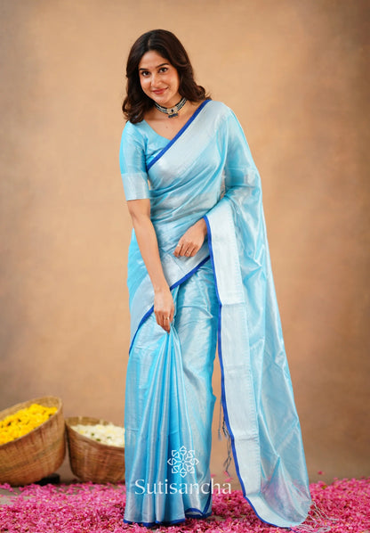 Aqua Blue Handloom Cotton Tissue Saree