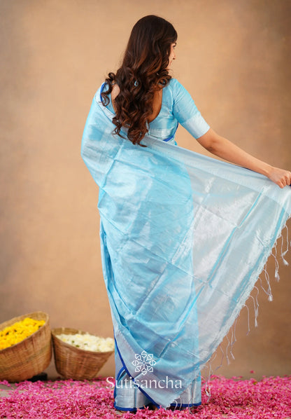 Aqua Blue Handloom Cotton Tissue Saree