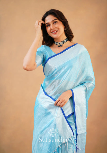 Aqua Blue Handloom Cotton Tissue Saree