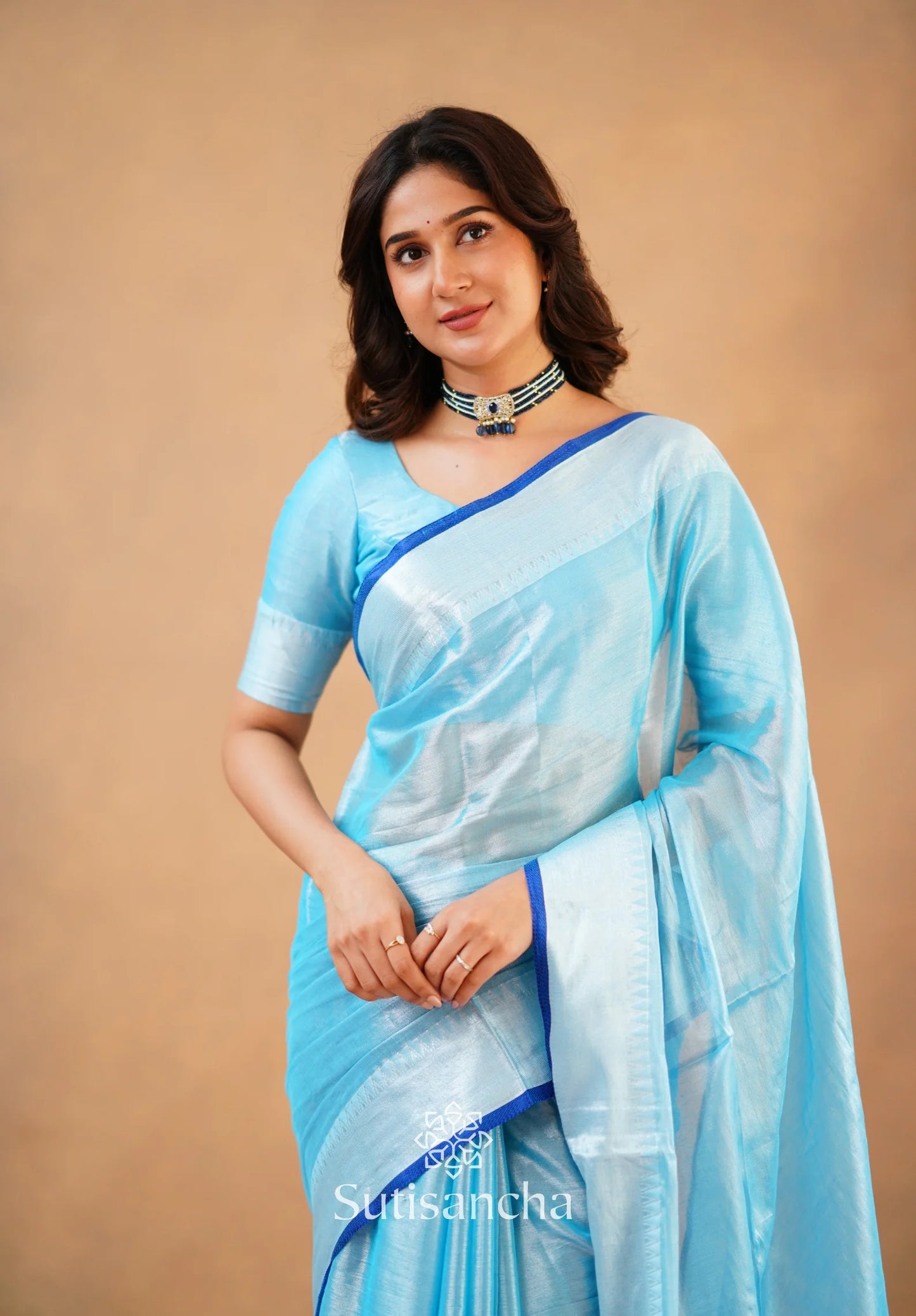 Aqua Blue Handloom Cotton Tissue Saree