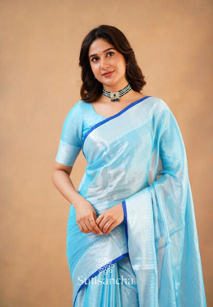 Aqua Blue Handloom Cotton Tissue Saree