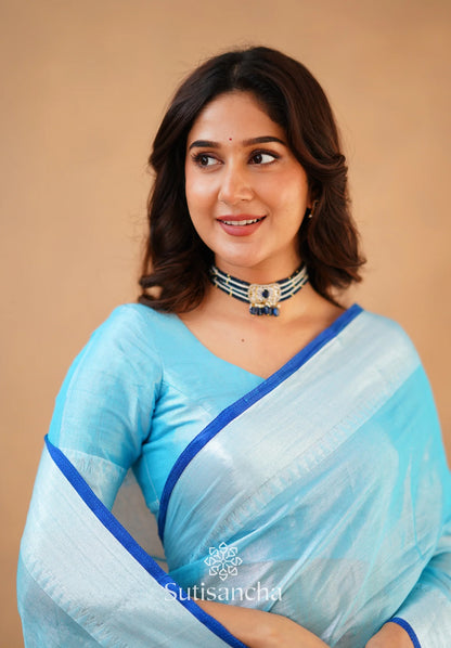 Aqua Blue Handloom Cotton Tissue Saree