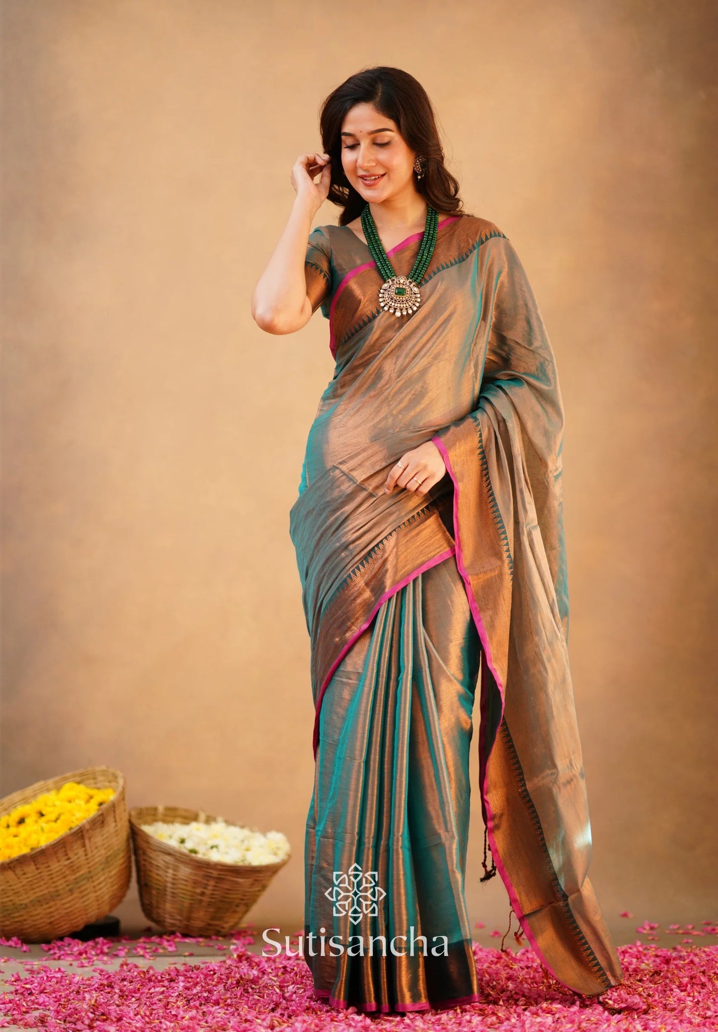 Rama Green Handloom Cotton Tissue Saree