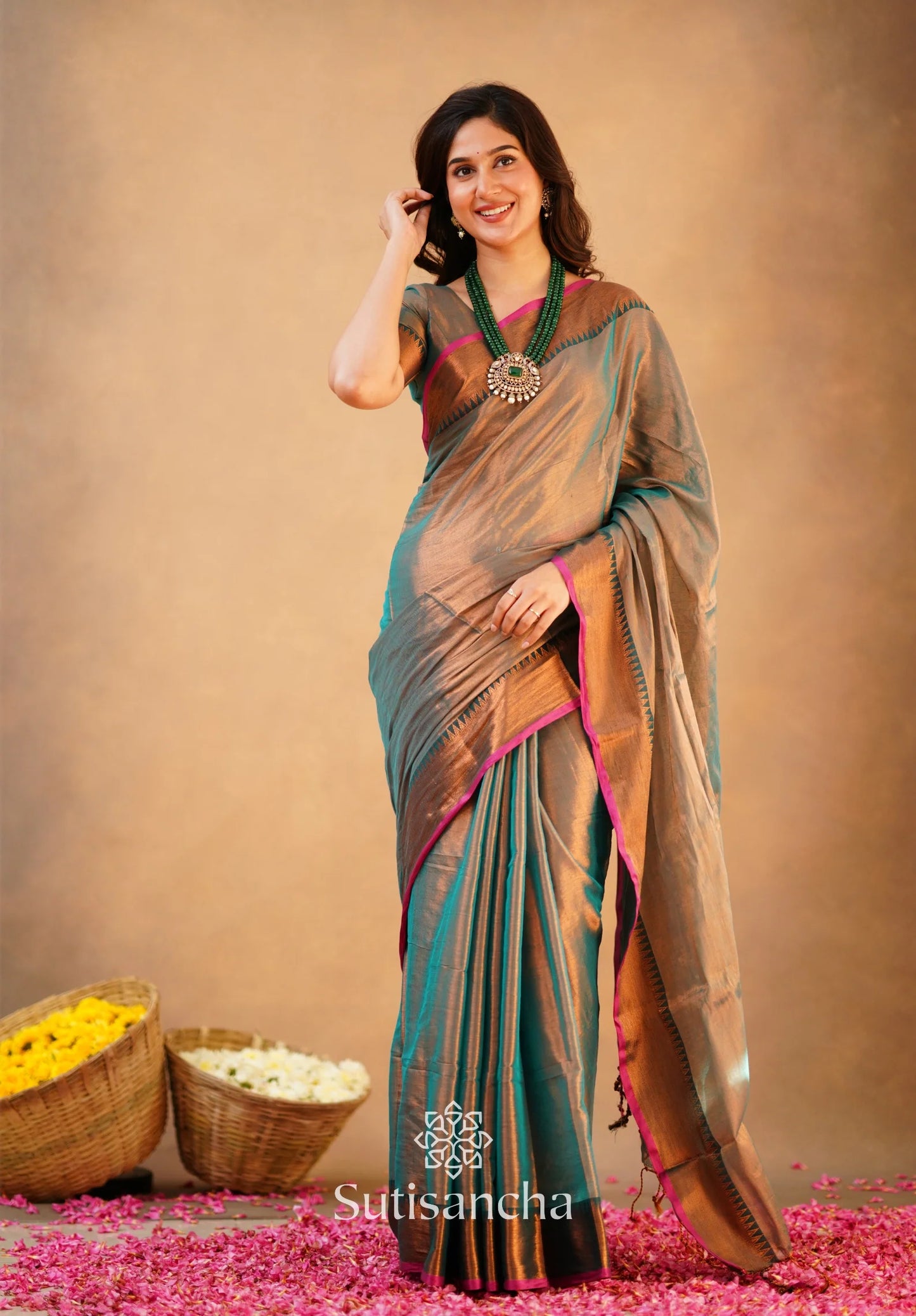 Rama Green Handloom Cotton Tissue Saree