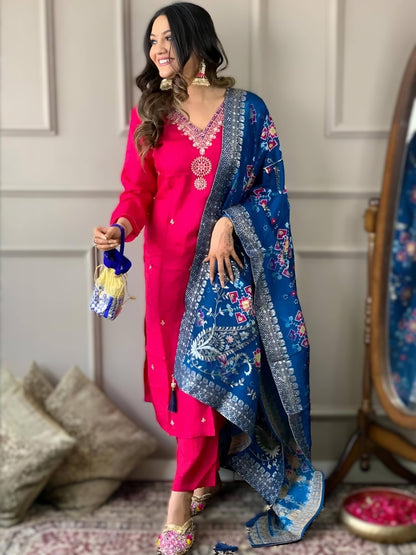 Rani Royal Blue Grace Embroidered Kurta, Churidar & Dupatta Set